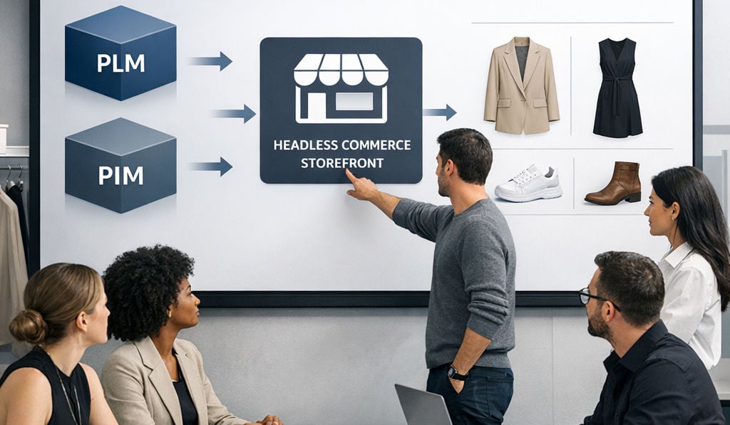 A sleek fashion tech workspace with a large screen showing PLM and PIM blocks feeding product data into a headless commerce storefront for apparel and footwear, with designers and engineers collaborating.