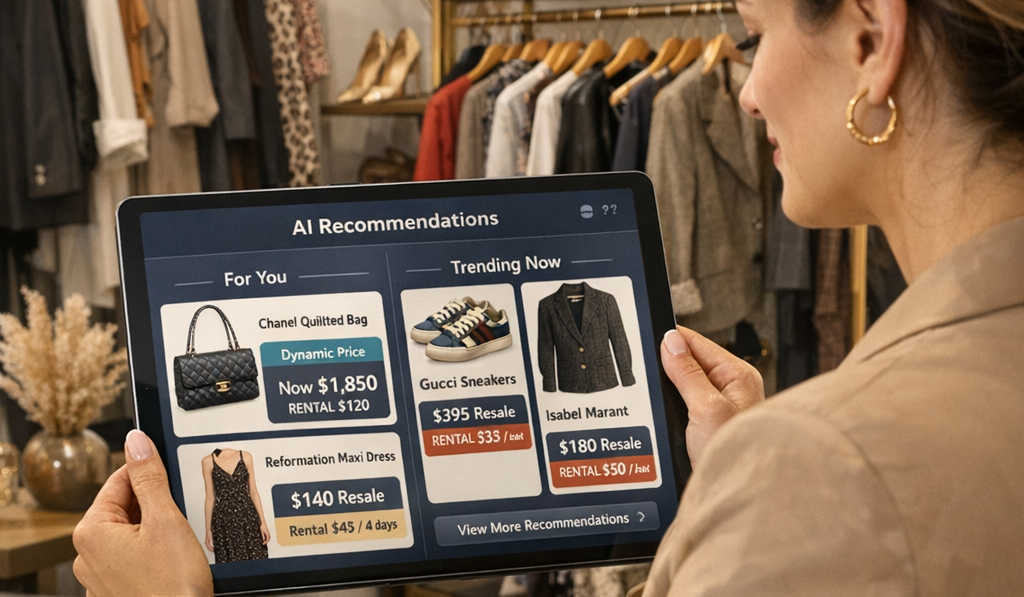 A premium fashion resale studio with curated apparel racks and a shopper using a tablet that shows AI-powered personalization and pricing.