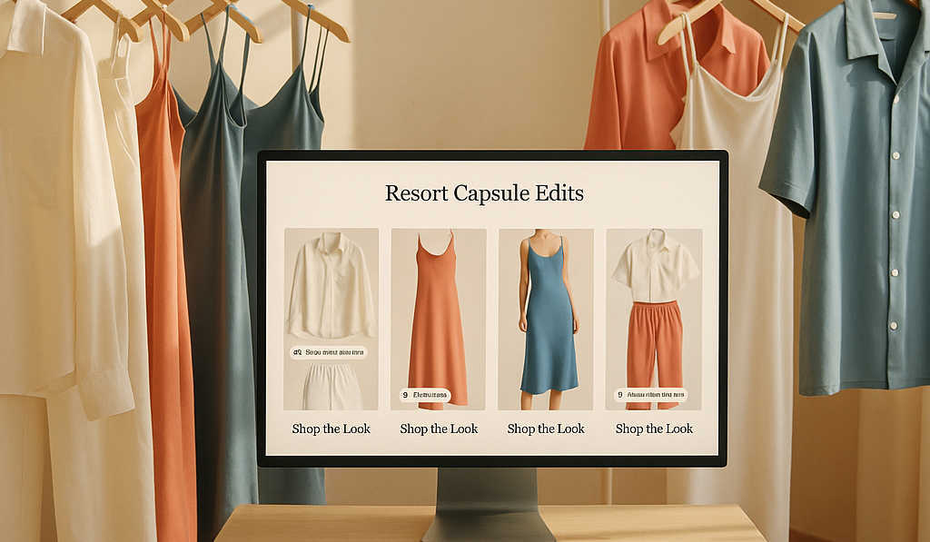Resort/cruise styling studio with racks of light garments and a screen showing a personalized resort style feed with size badges and Shop the Look.